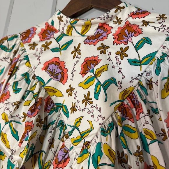 CROSBY BY MOLLIE BURCH woodcut floral sleeveless ruffle front High Neck Top S - Picture 6 of 12